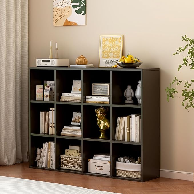 12-Cube Storage Shelf Bookcase - Wooden 3-Tier Floor Standing Open Bookshelf for Home and Office, Display Cabinet, Black - LeafyLoom