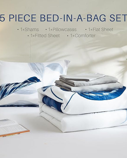 WRENSONGE Twin Comforter Set, 5 Pieces Blue Floral Comforter Set with Sheets, Navy Leaf Bedding Set, Twin Bed in a Bag Soft Breathable Microfiber for All Seasons - LeafyLoom