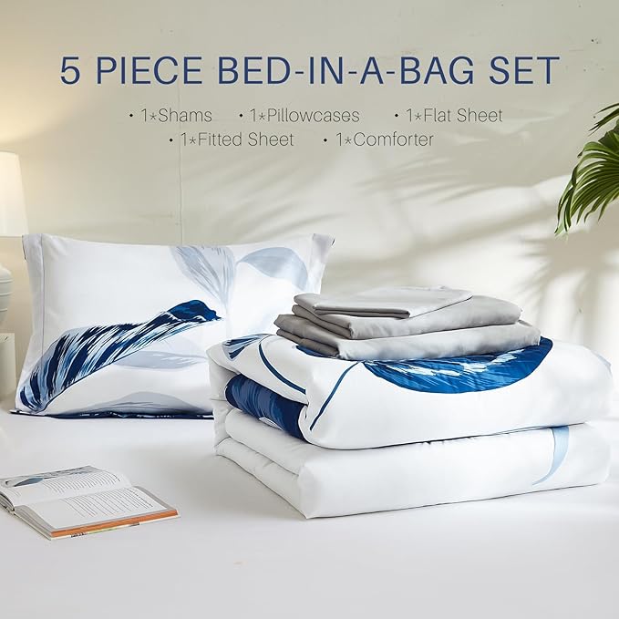 WRENSONGE Twin Comforter Set, 5 Pieces Blue Floral Comforter Set with Sheets, Navy Leaf Bedding Set, Twin Bed in a Bag Soft Breathable Microfiber for All Seasons - LeafyLoom