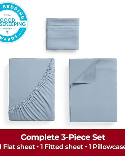 Mellanni Extra Deep Twin Sheets - 3 PC Iconic Collection Bedding Sheets & Pillowcases - Hotel Luxury, Ultra Soft, Cooling Bed Sheets - Extra Deep Pocket up to 21 inch (Twin, Blue Hydrangea) - LeafyLoom