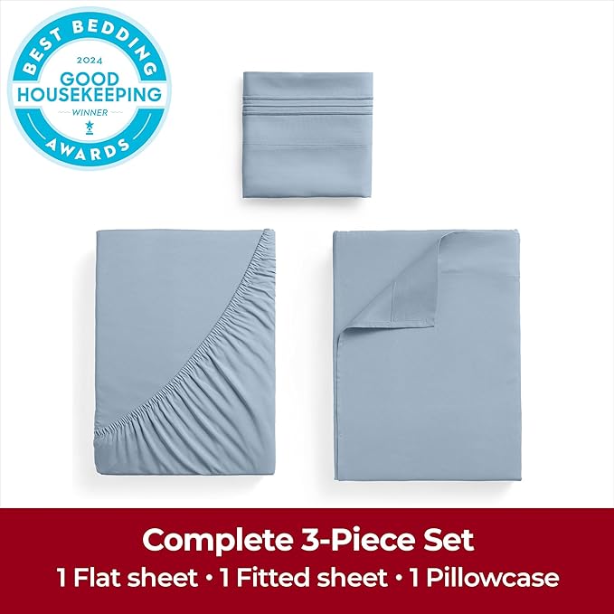 Mellanni Extra Deep Twin Sheets - 3 PC Iconic Collection Bedding Sheets & Pillowcases - Hotel Luxury, Ultra Soft, Cooling Bed Sheets - Extra Deep Pocket up to 21 inch (Twin, Blue Hydrangea) - LeafyLoom
