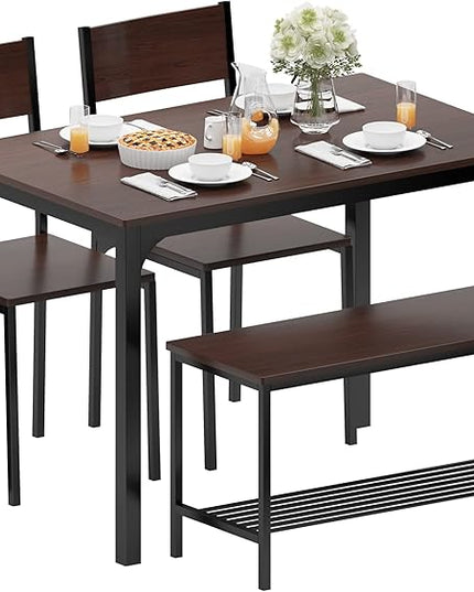 sogesfurniture 4 Piece Dining Table Set, Dining Room Set, Kitchen Dinner Table with Benches for 4, Includes Table, 2 Chairs & Bench, Brown - LeafyLoom