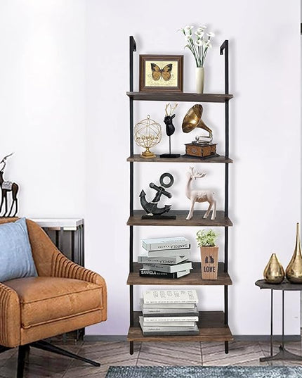 aboxoo Ladder Shelf Open Bookshelf 5-tier Wood Wall-mounted Bookcase Storage Rack Open back Industrial Modern Plant Flower Stand Utility Organizer Bookcase Metal Frame Furniture Office Kitchen Bedroom - LeafyLoom