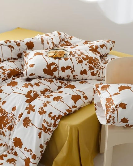 Botanical Comforter Queen White Pumpkin Floral Plant Bedding Comforter Set Girls Garden Pattern Printed on White Blanket Rustic Leaf Blossom Women White Farmhouse Comforter Queen - LeafyLoom