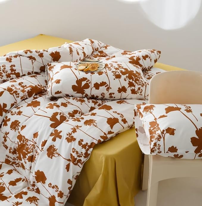Botanical Comforter Queen White Pumpkin Floral Plant Bedding Comforter Set Girls Garden Pattern Printed on White Blanket Rustic Leaf Blossom Women White Farmhouse Comforter Queen - LeafyLoom