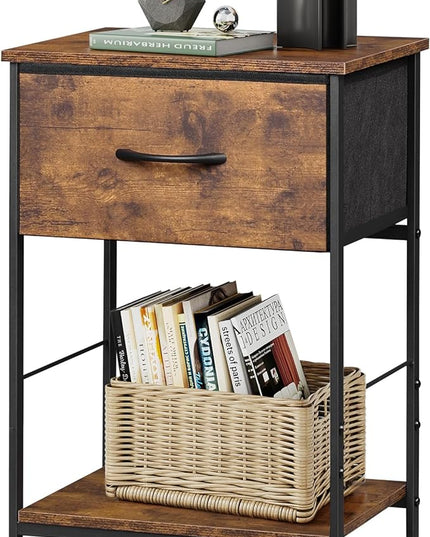 WLIVE Nightstand, Bedside Side Table for Bedroom, Dorm with Steel Frame, Night Stand End Table with Fabric Storage Drawer, Easy Assembly, Rustic Brown Wood Grain Print, 11.8''D 15.8''W 24.9" H - LeafyLoom