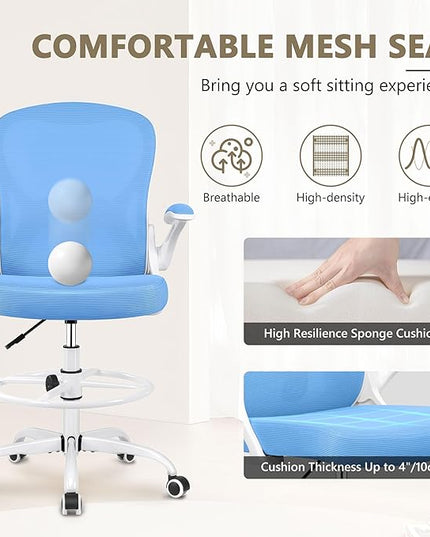 Drafting Chair, Tall Office Chair Ergonomic Standing Desk chair, Lumbar Support Computer Chair Swivel Task Rolling Chair with Adjustable Flip-up Armrests & Foot Ring (Sky Blue) - LeafyLoom
