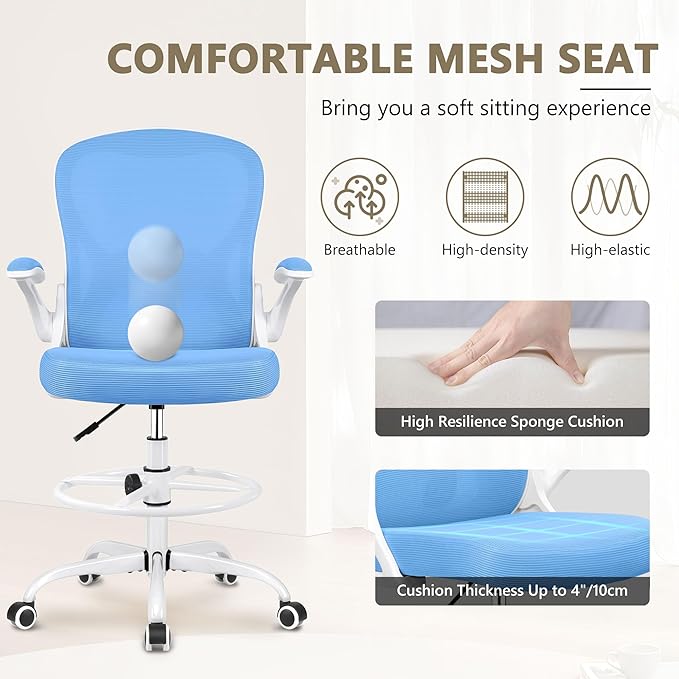Drafting Chair, Tall Office Chair Ergonomic Standing Desk chair, Lumbar Support Computer Chair Swivel Task Rolling Chair with Adjustable Flip-up Armrests & Foot Ring (Sky Blue) - LeafyLoom