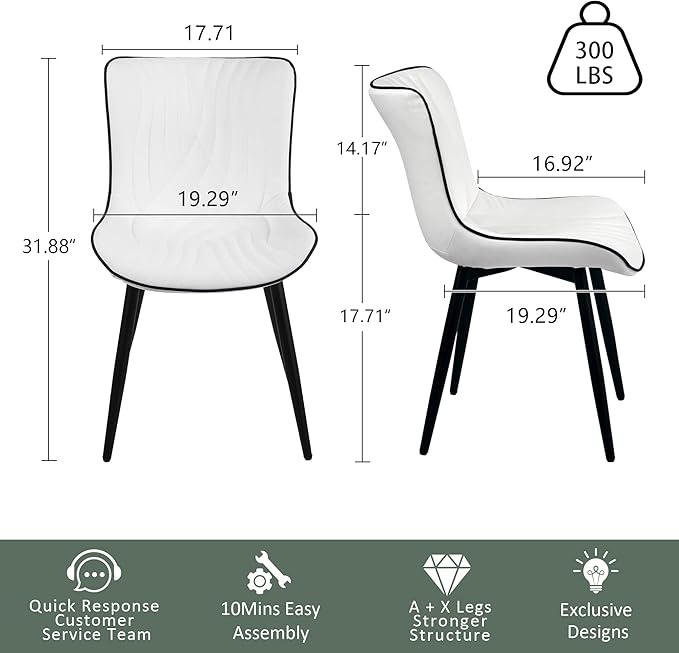 YOUTASTE White Dining Chairs Set of 2 Upholstered Mid Century Modern Kitchen Dining Room Chairs Armless Faux Leather Accent Chairs Metal Vanity Lounge Chair with Back for Living Room Bedrooms - LeafyLoom
