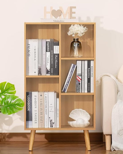LEYAOYAO Wooden 5 Cube Bookshelf, Natural 3 Tier Book Shelf with Legs, Modern Open Storage Organizer,Boho Bookcase,Display Cabinet Shelf Free Standing Bookshelves for Bedroom,Living Room,Study - LeafyLoom