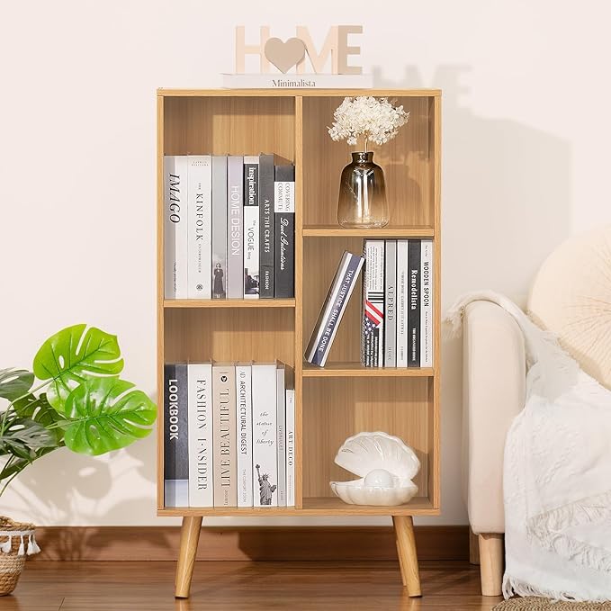 LEYAOYAO Wooden 5 Cube Bookshelf, Natural 3 Tier Book Shelf with Legs, Modern Open Storage Organizer,Boho Bookcase,Display Cabinet Shelf Free Standing Bookshelves for Bedroom,Living Room,Study - LeafyLoom