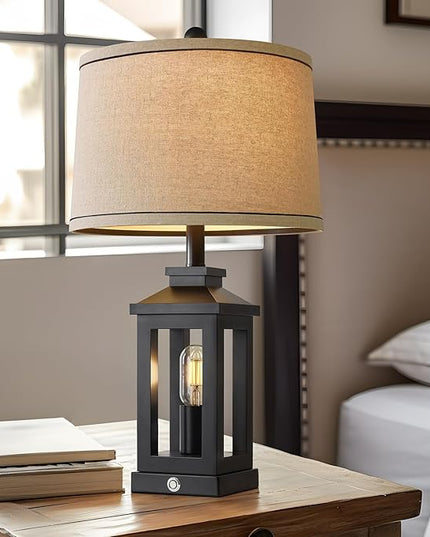 23.75" Retro Farmhouse Black Table Lamp for Living Room Bedroom Nightstand Set of 2 Touch Control Bedside Nightlight Vintage Modern Lamp with USB C+A Ports and 2 Light Sources - LeafyLoom