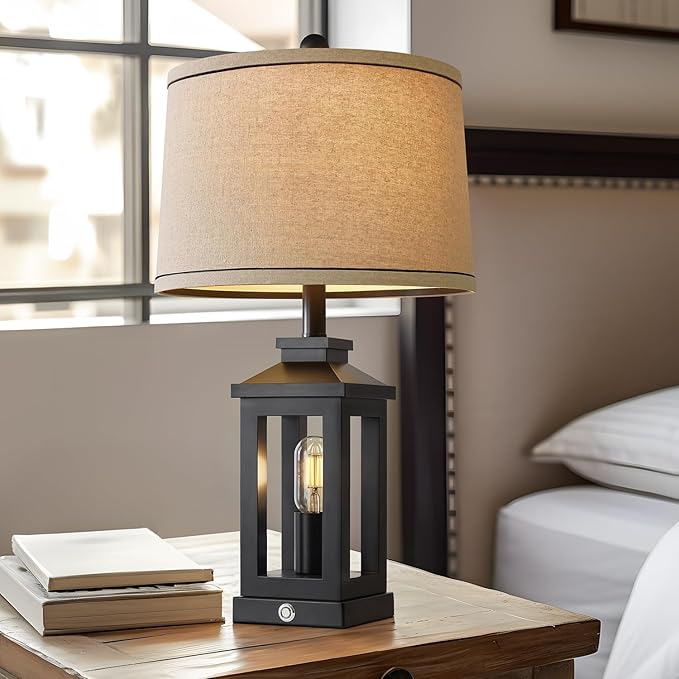 23.75" Retro Farmhouse Black Table Lamp for Living Room Bedroom Nightstand Set of 2 Touch Control Bedside Nightlight Vintage Modern Lamp with USB C+A Ports and 2 Light Sources - LeafyLoom
