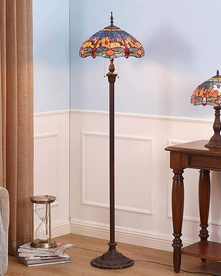 Bieye L10703 Dragonfly Tiffany Style Stained Glass Floor Lamp with 16 Inch Wide Complex Design Lampshade and Metal Base, Orange Blue, 65 Inch Tall - LeafyLoom