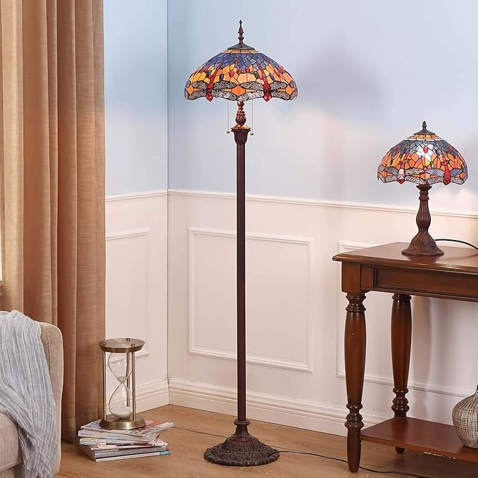 Bieye L10703 Dragonfly Tiffany Style Stained Glass Floor Lamp with 16 Inch Wide Complex Design Lampshade and Metal Base, Orange Blue, 65 Inch Tall - LeafyLoom