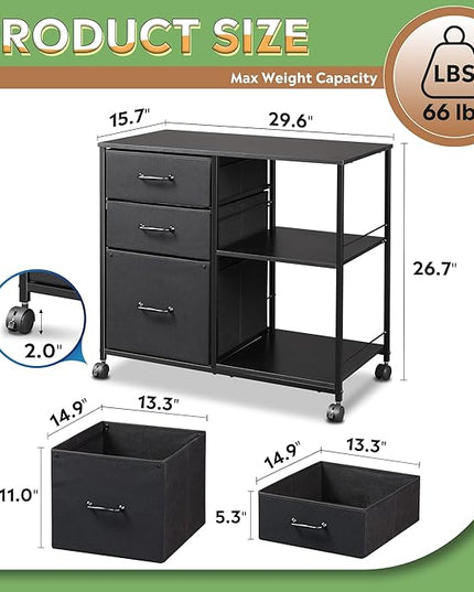 DEVAISE 3 Drawer Mobile File Cabinet, Rolling Printer Stand with Open Storage Shelf, Fabric Lateral Filing Cabinet fits A4 or Letter Size for Home Office, Black - LeafyLoom