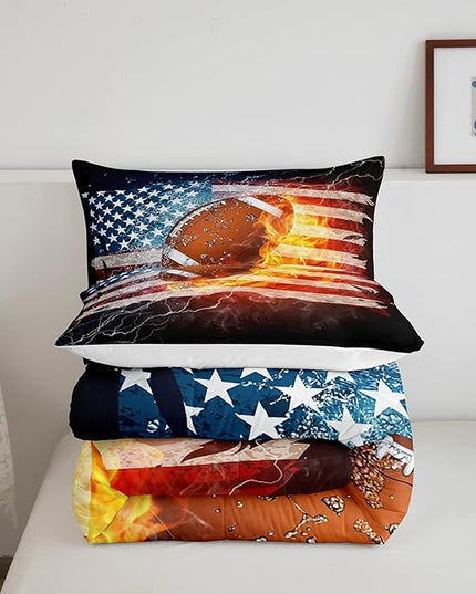 Boys American Football Comforter Set, United States Flag Down Comforter King Size, Soccer Sports Games Bedding Set for Kids Teens Adult Men, Geometric Stripes Retro Duvet Sets, Blue White and Red - LeafyLoom
