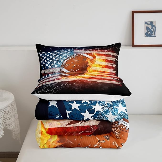 Boys American Football Comforter Set, United States Flag Down Comforter King Size, Soccer Sports Games Bedding Set for Kids Teens Adult Men, Geometric Stripes Retro Duvet Sets, Blue White and Red - LeafyLoom