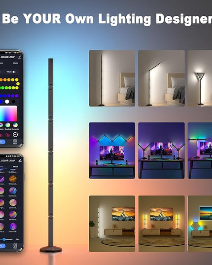 bedee LED Corner Floor Lamp: DIY Shaped RGB Floor Lamp with Music Sync and Timing, Modern 16 Million Color Changing Standing Light with Smart Remote & App Control for Living Room Gaming Room Bedroom - LeafyLoom