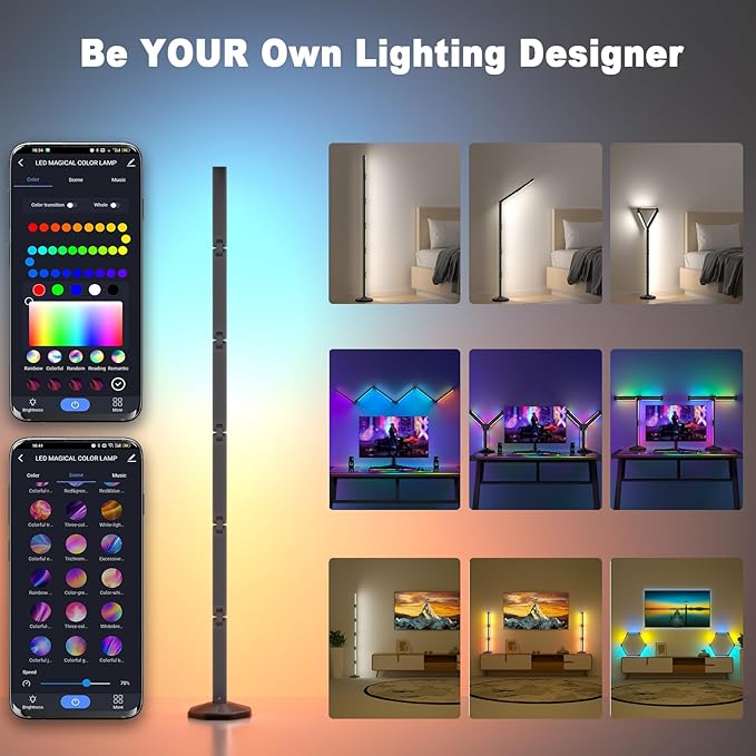 bedee LED Corner Floor Lamp: DIY Shaped RGB Floor Lamp with Music Sync and Timing, Modern 16 Million Color Changing Standing Light with Smart Remote & App Control for Living Room Gaming Room Bedroom - LeafyLoom