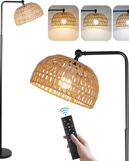 Floor Lamp with Remote, Rope Standing Lamps with LED Bulb, Boho Farmhouse Tall Pole Lamp with 3 Color Temperatures, Modern Black Floor Lamp for Living Room Bedroom Office Study - LeafyLoom