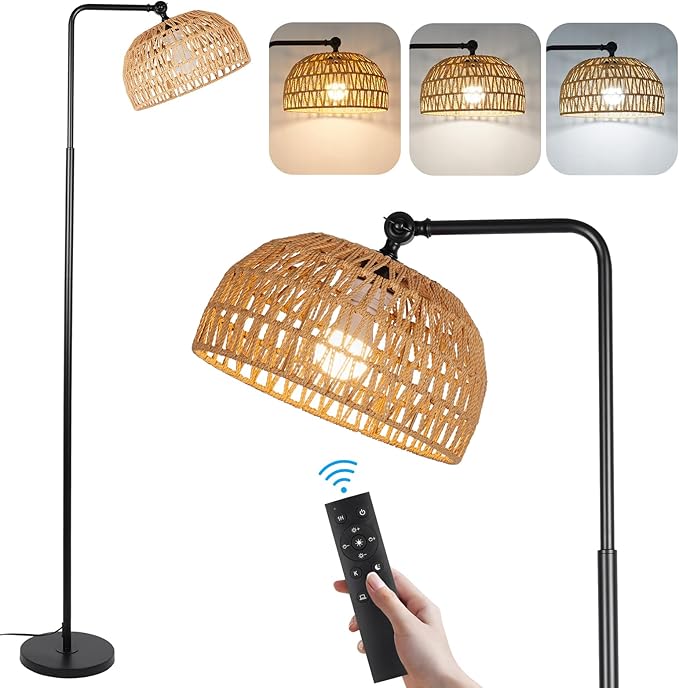 Floor Lamp with Remote, Rope Standing Lamps with LED Bulb, Boho Farmhouse Tall Pole Lamp with 3 Color Temperatures, Modern Black Floor Lamp for Living Room Bedroom Office Study - LeafyLoom