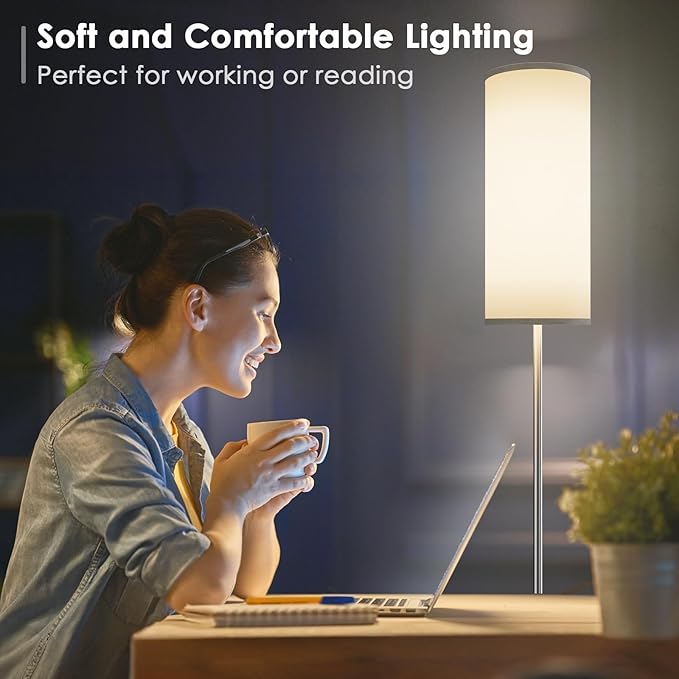 Floor Lamp for Living Room, Modern Standing lamp with Remote Control, Stepless Dimmable 12W Bulb & Beige Lampshade Included, Brushed Nickel Pole Tall Floor Lamp for Bedroom Office - LeafyLoom