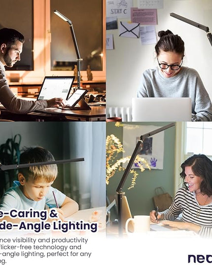 Neatfi LED Desk Lamp with Clamp, Touch & Remote Controlled, Stepless Dimming, 3 Color Modes, 3000-6000K, Detachable Shade, Flicker-Free, 360° Rotation, Wide Angle Lighting (Modern, Black) - LeafyLoom