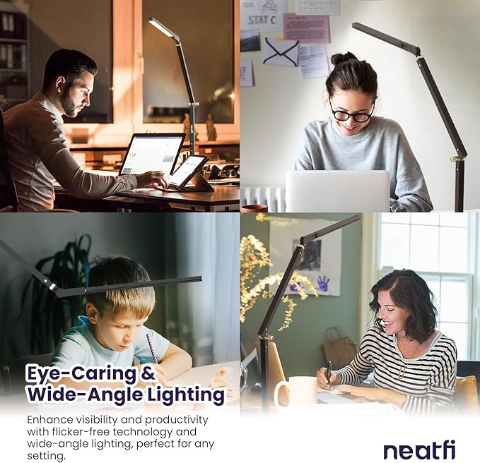 Neatfi LED Desk Lamp with Clamp, Touch & Remote Controlled, Stepless Dimming, 3 Color Modes, 3000-6000K, Detachable Shade, Flicker-Free, 360° Rotation, Wide Angle Lighting (Modern, Black) - LeafyLoom