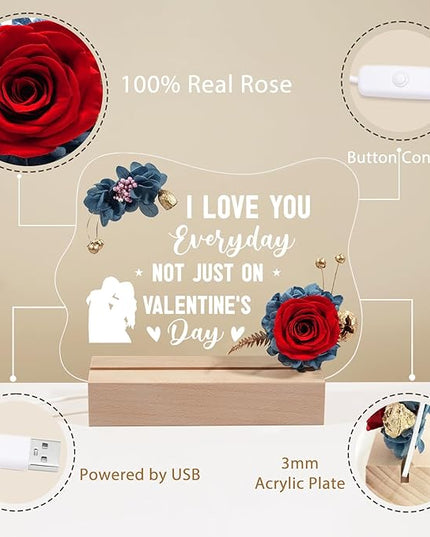 Yamonic Valentines Day Gifts for Her, Handmade Acrylic Plaque with Eternal Real Rose, Night Light with Preserved Rose Romantic Gifts for Girlfriend Wife Women (Valentine's Day) - LeafyLoom