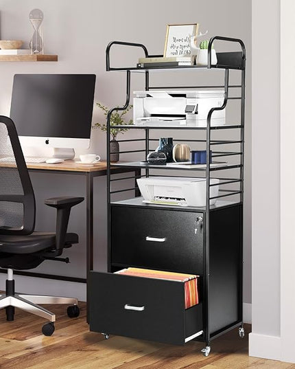 Vertical File Cabinet, 2 Drawer Mobile Filing Cabinet with 3 Bookshelf, Printer Stand with Open Storage Shelves Fits A4/Letter/Legal Size File Cabinets for Home Office Organizer, Black - LeafyLoom