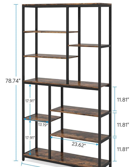 Modern 8-Tier Staggered Bookcase - 79 Inches Tall, Wide Wood Etagere Shelving Unit - LeafyLoom