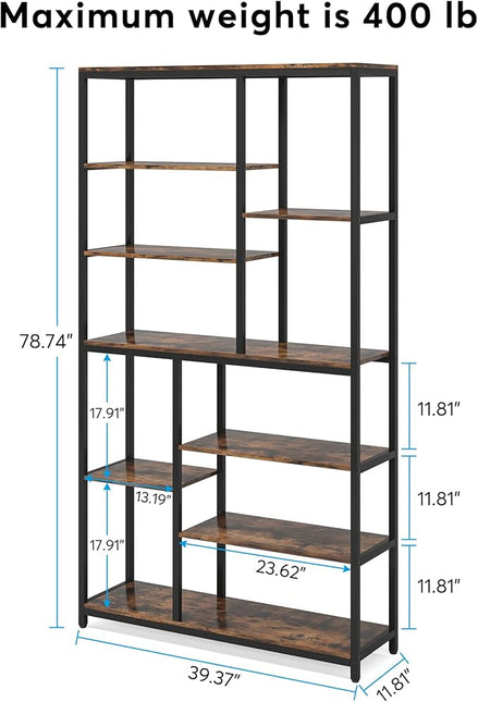 Modern 8-Tier Staggered Bookcase - 79 Inches Tall, Wide Wood Etagere Shelving Unit - LeafyLoom