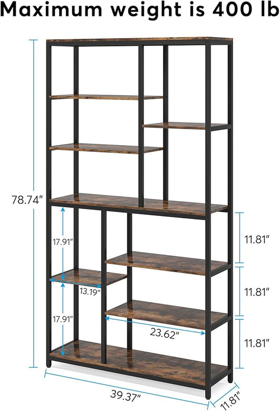 Modern 8-Tier Staggered Bookcase - 79 Inches Tall, Wide Wood Etagere Shelving Unit - LeafyLoom