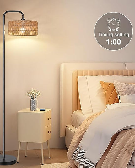 PARTPHONER Farmhouse Floor Lamp, 68''Tall Lamp for Living Room with Remote 3 Color Temperatures Boho Standing Lamp with Rattan Shades for Bedroom Study Room Office Hotel, Bulb Include - LeafyLoom