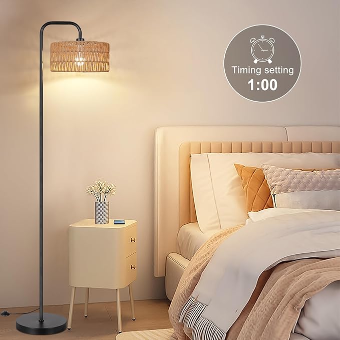 PARTPHONER Farmhouse Floor Lamp, 68''Tall Lamp for Living Room with Remote 3 Color Temperatures Boho Standing Lamp with Rattan Shades for Bedroom Study Room Office Hotel, Bulb Include - LeafyLoom