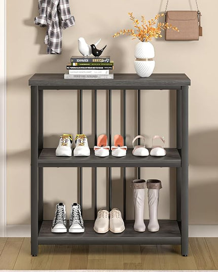 FOLUBAN 3 Tier Book Shelf, Modern Short Bookshelf for Small Space, Industrial Wood and Metal Bookcase for Bedroom, Living Room, Office (Dark Gray Oak) - LeafyLoom