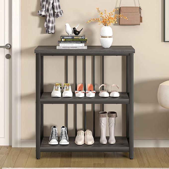 FOLUBAN 3 Tier Book Shelf, Modern Short Bookshelf for Small Space, Industrial Wood and Metal Bookcase for Bedroom, Living Room, Office (Dark Gray Oak) - LeafyLoom