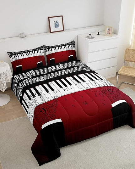 Erosebridal Music Notes Comforter Set for Kids Boys Teens Men Piano Keys Down Comforter King Size Rock Musical Bedding Set Play Piano Duvet Sets Music Bedroom Decor with 2 Pillow Cases Red Black - LeafyLoom