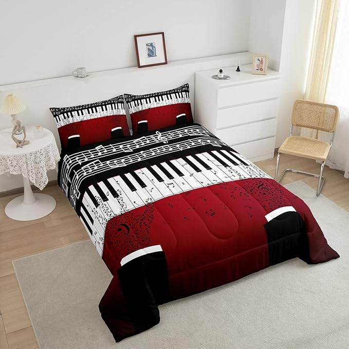Erosebridal Music Notes Comforter Set for Kids Boys Teens Men Piano Keys Down Comforter King Size Rock Musical Bedding Set Play Piano Duvet Sets Music Bedroom Decor with 2 Pillow Cases Red Black - LeafyLoom