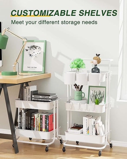 LEHOM 3-Tier Rolling Utility Cart with Hanging Cups & Hooks & Handle, Plastic Art Cart Organizer Storage with Wheels, Easy Assembly for Office, Bedroom, Kitchen, Bathroom, Laundry (White) - LeafyLoom
