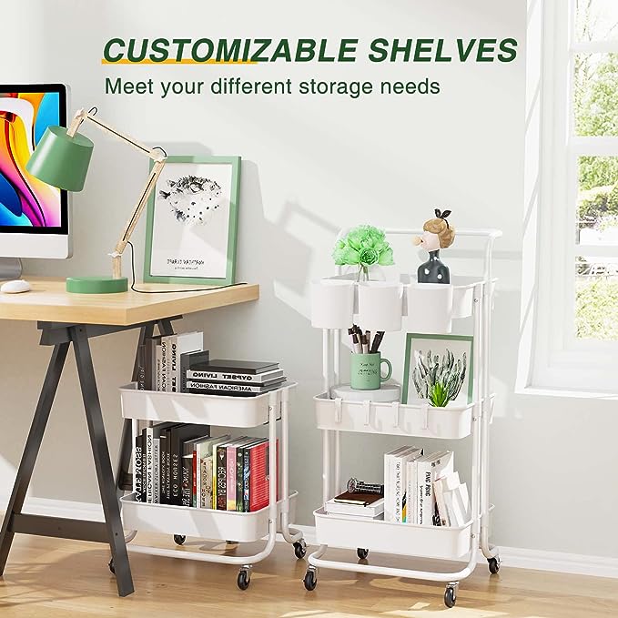 LEHOM 3-Tier Rolling Utility Cart with Hanging Cups & Hooks & Handle, Plastic Art Cart Organizer Storage with Wheels, Easy Assembly for Office, Bedroom, Kitchen, Bathroom, Laundry (White) - LeafyLoom