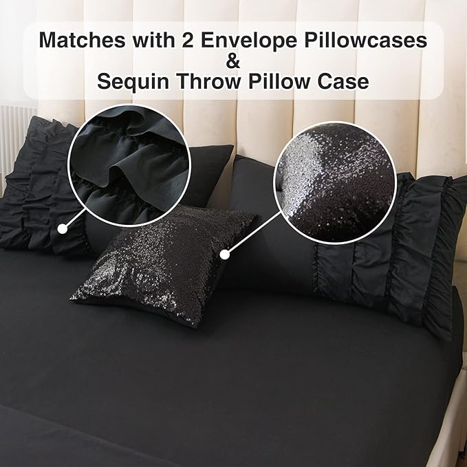 A Nice Night Waterfall Flutter Ruffle Comforter Sets,Ruffled Textured Chic Princess 6pcs Bedding Set,with Bling Shiny Sequin Throw Pillow Case,Black,Full - LeafyLoom