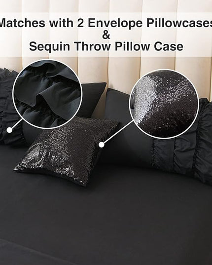 A Nice Night Waterfall Flutter Ruffle Comforter Sets,Ruffled Textured Chic Princess 6pcs Bedding Set,with Bling Shiny Sequin Throw Pillow Case,Black,Twin - LeafyLoom