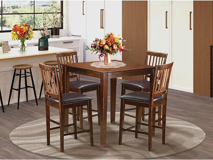 East West Furniture VERN5-MAH-LC 5 Piece Kitchen Counter Set Includes a Square Dining Room Table and 4 Faux Leather Upholstered Dining Chairs, 36x36 Inch, Mahogany - LeafyLoom