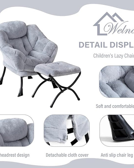 Welnow Toddler Kids Lazy Chair with Ottoman, Accent Comfy Lounge Children Armchair Couch with Armrest and Removable Cover, Detachable Reading Chair with Footrest for Boy or Girl, Plush Grey - LeafyLoom