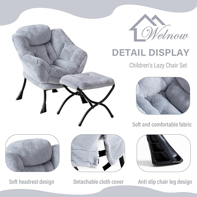 Welnow Toddler Kids Lazy Chair with Ottoman, Accent Comfy Lounge Children Armchair Couch with Armrest and Removable Cover, Detachable Reading Chair with Footrest for Boy or Girl, Plush Grey - LeafyLoom