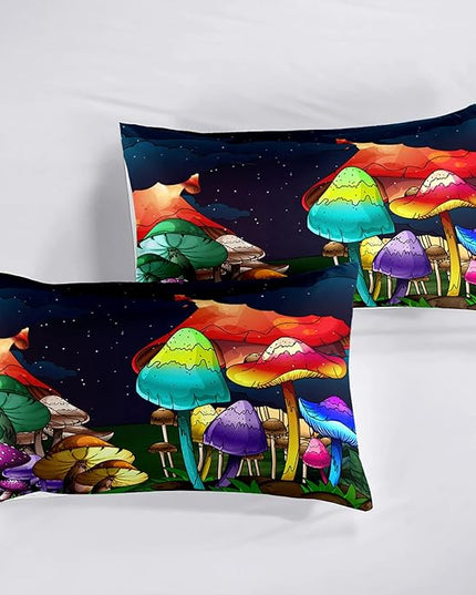 Girls Mushroom Comforter Set Queen Mushroom Bedding for Girls Mushroom Print Queen Size Bedding Set Cartoon Mushroom Pattern Kids Bedding Set, Colorful, 1 Comforter+2 Pillowcases - LeafyLoom