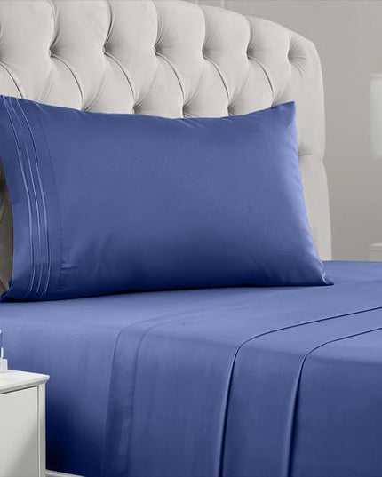 Mellanni Twin XL Sheets Set - 3 PC Iconic Collection Bedding Sheets & Pillowcases - Hotel Luxury, Extra Soft, Cooling Bed Sheets - Deep Pocket up to 16 inch (Twin Extra Long, Blue Nova) - LeafyLoom