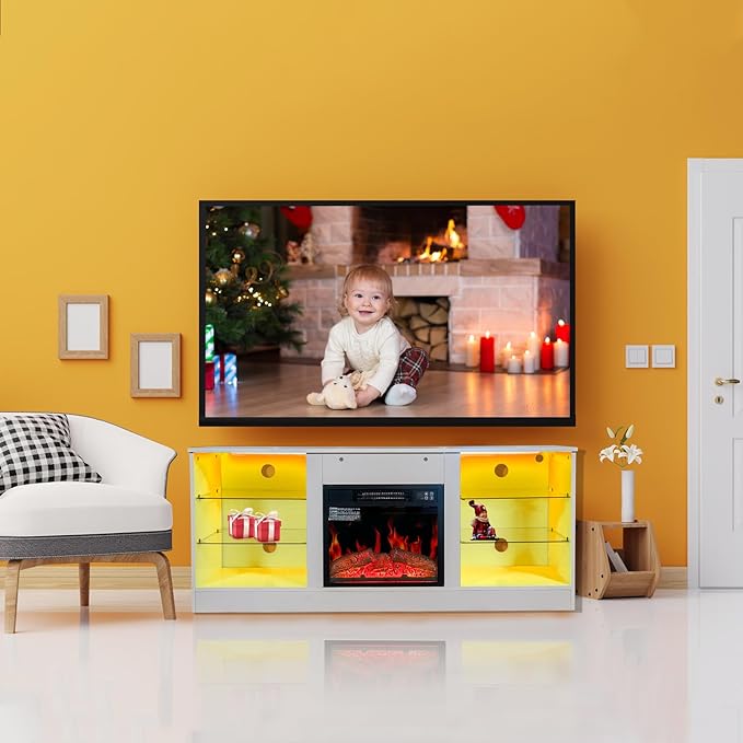 Fireplace TV Stand with LED Lights,Entertainment Center for TVs UP to 65" Televisions,Modern TV Console with Electric Fireplace for Living Room Bedroom - LeafyLoom